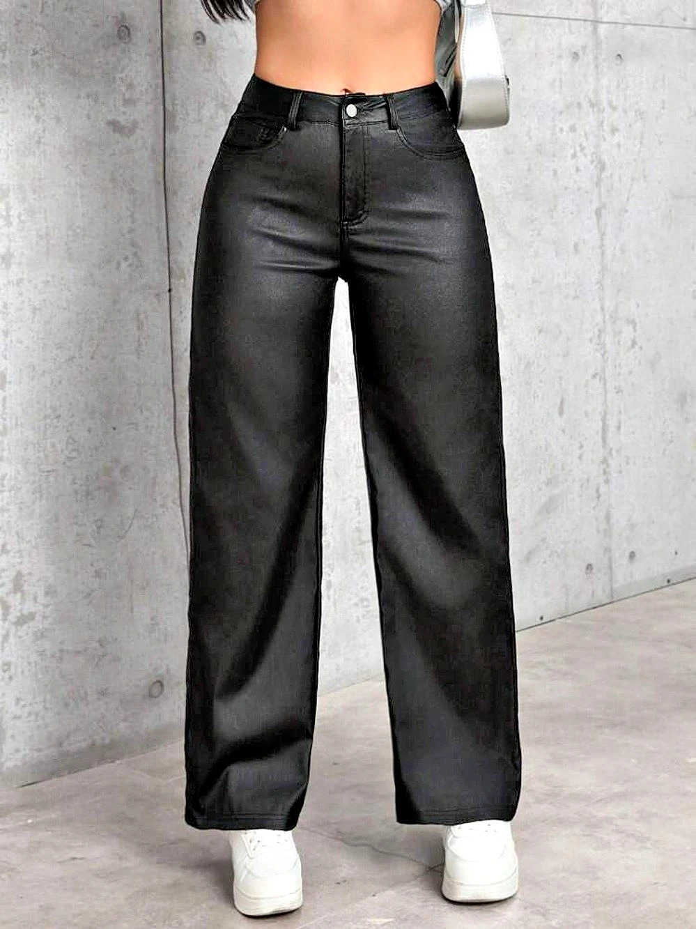 SHEIN Petite L Black Faux Leather High Rise Wide Leg Pants 27” NWOT